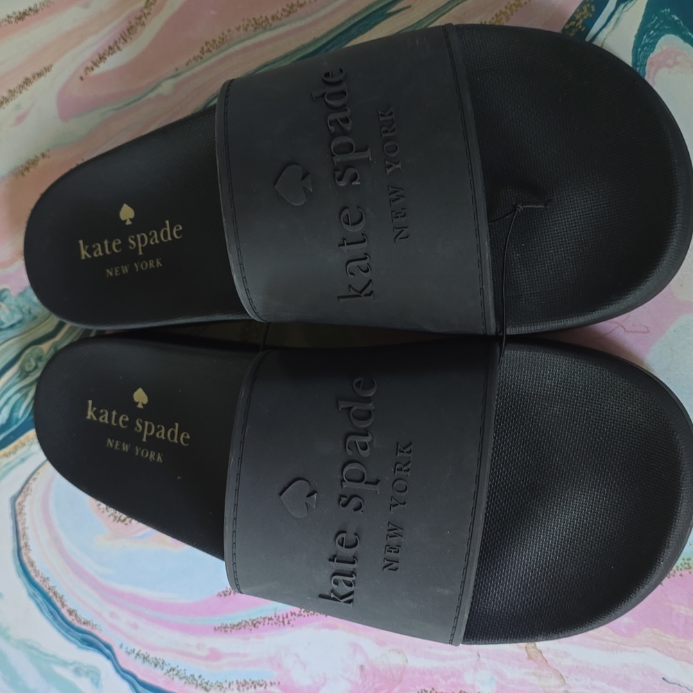NWOT Kate Spade Sunny Pool Slide Matte Black Logo Slip On Beach Sandal Shoes